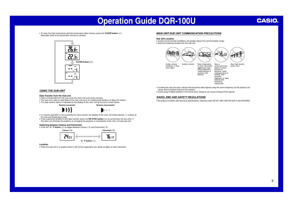 Using the sub-unit, Main unit/sub unit communication precautions, Radio, emc and safety regulations | Operation guide dqr-100u | Casio DQR-100U User Manual | Page 5 / 5