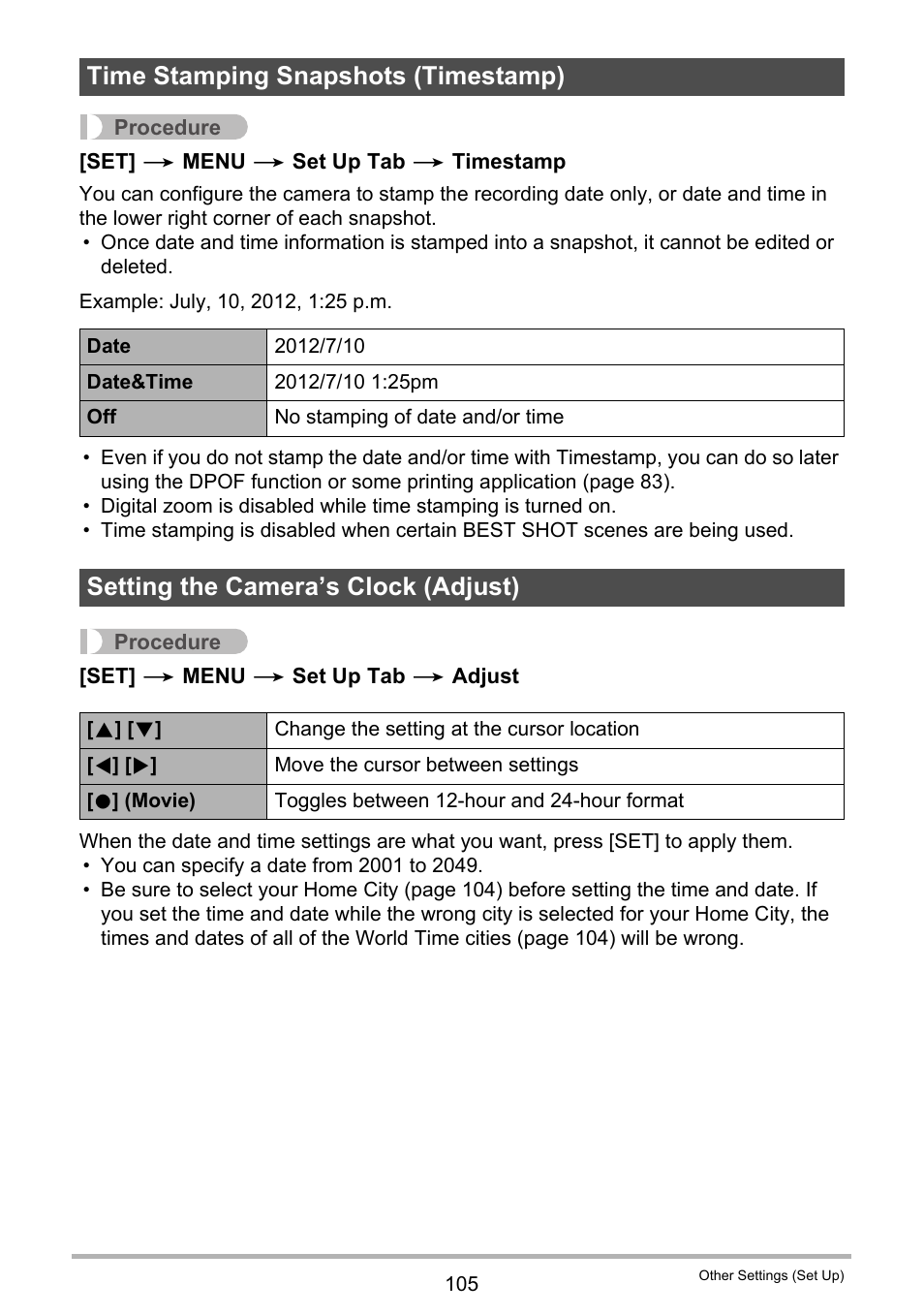 Time stamping snapshots (timestamp), Setting the camera’s clock (adjust) | Casio EXILIM EX-ZS150 User Manual | Page 105 / 136