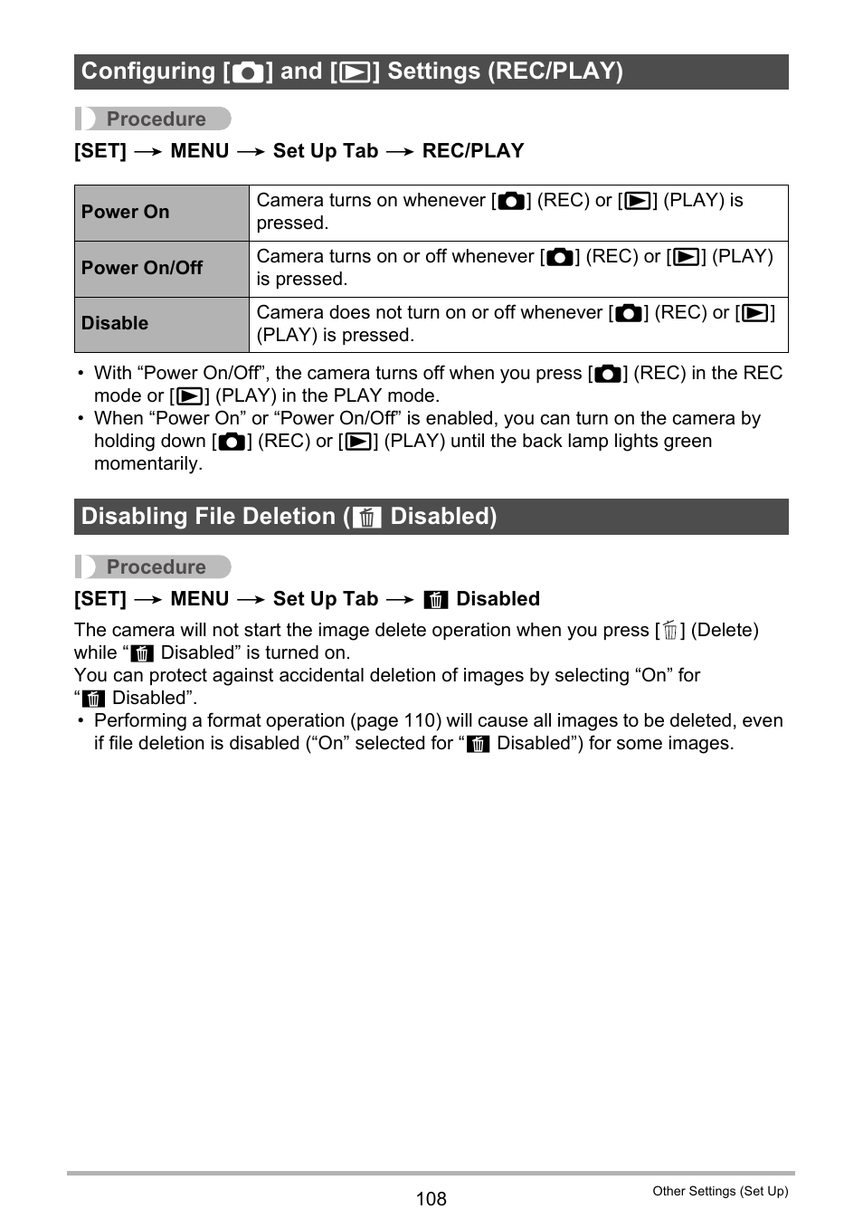 Configuring [_] and [>] settings (rec/play), Disabling file deletion (_ disabled), Configuring [ r ] and [ p ] settings (rec/play) | Disabling file deletion ( ü disabled) | Casio EXILIM EX-ZS150 User Manual | Page 108 / 136