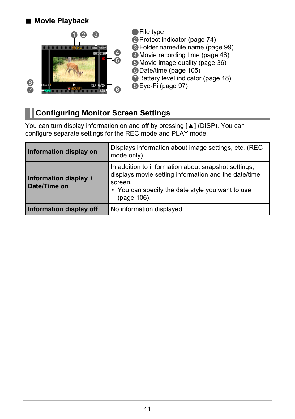 Configuring monitor screen settings | Casio EXILIM EX-ZS150 User Manual | Page 11 / 136