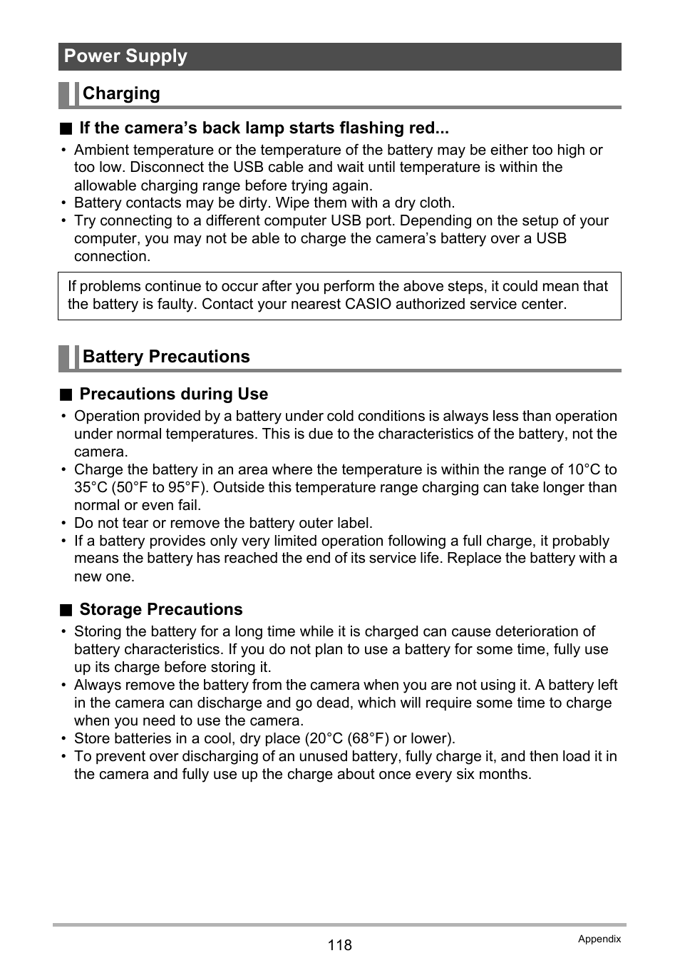 Power supply, Charging, Battery precautions | Casio EXILIM EX-ZS150 User Manual | Page 118 / 136