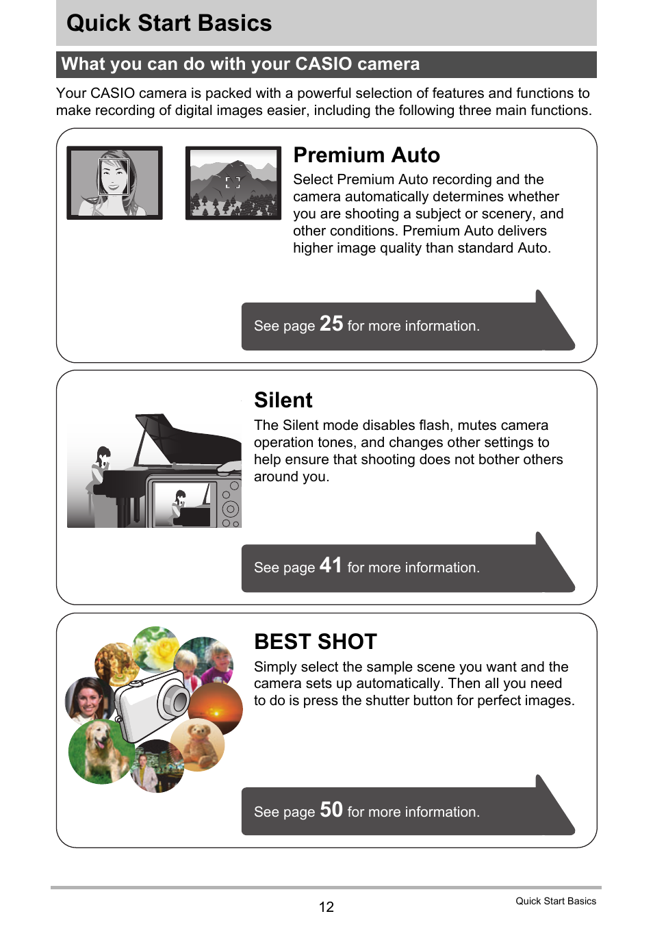 Quick start basics, What you can do with your casio camera, Best shot | Silent, Premium auto | Casio EXILIM EX-ZS150 User Manual | Page 12 / 136