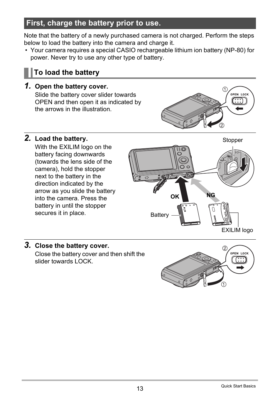 First, charge the battery prior to use, To load the battery | Casio EXILIM EX-ZS150 User Manual | Page 13 / 136