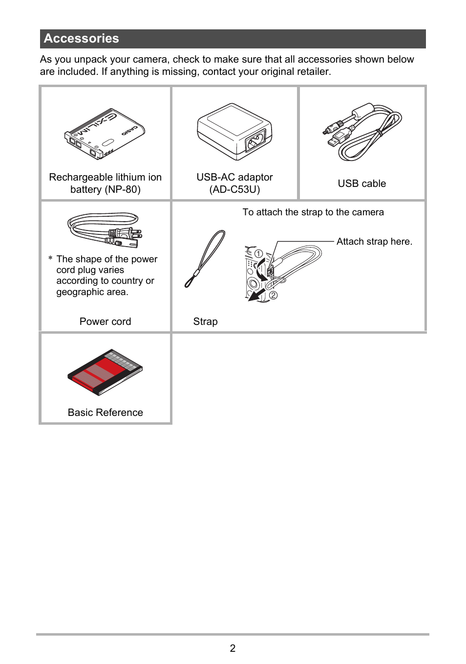 Accessories | Casio EXILIM EX-ZS150 User Manual | Page 2 / 136
