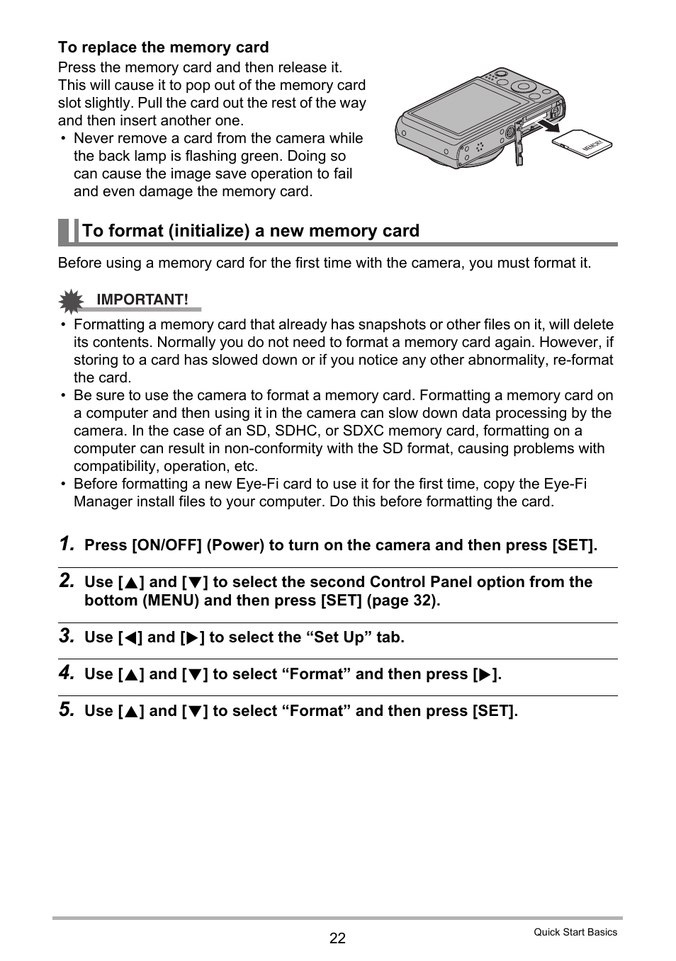 To format (initialize) a new memory card | Casio EXILIM EX-ZS150 User Manual | Page 22 / 136