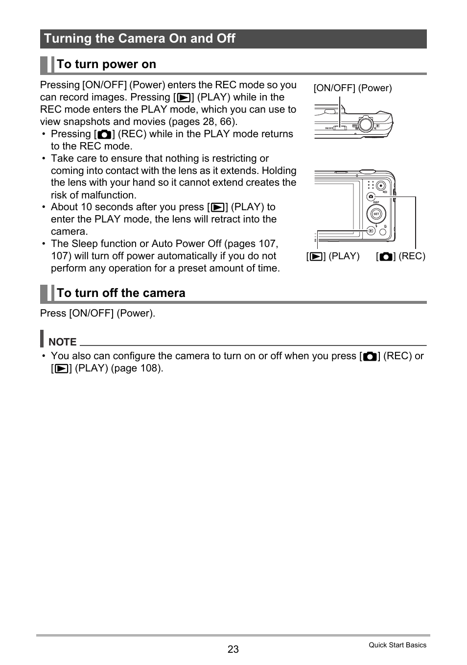Turning the camera on and off, To turn power on, To turn off the camera | Casio EXILIM EX-ZS150 User Manual | Page 23 / 136