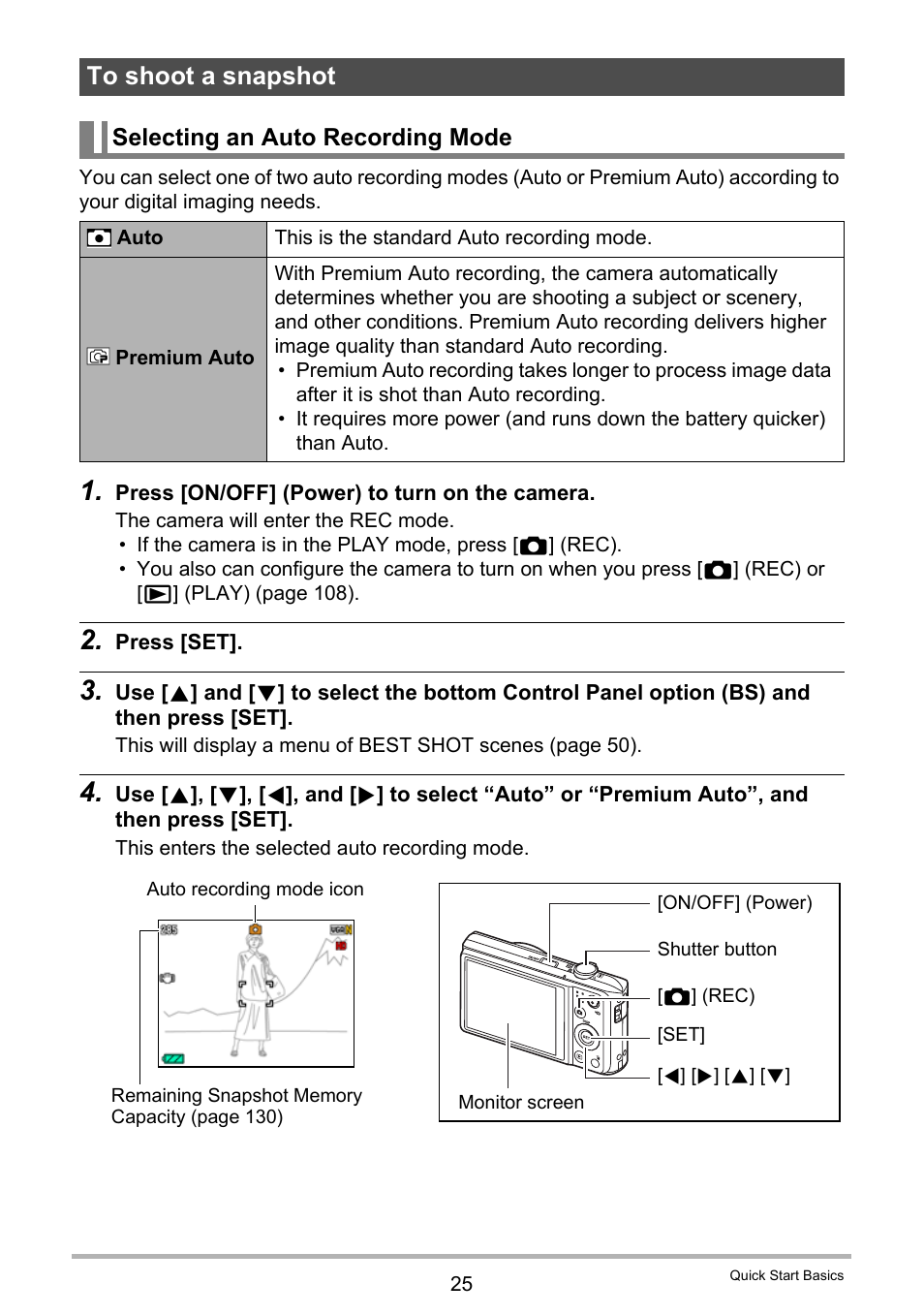 To shoot a snapshot, Selecting an auto recording mode | Casio EXILIM EX-ZS150 User Manual | Page 25 / 136