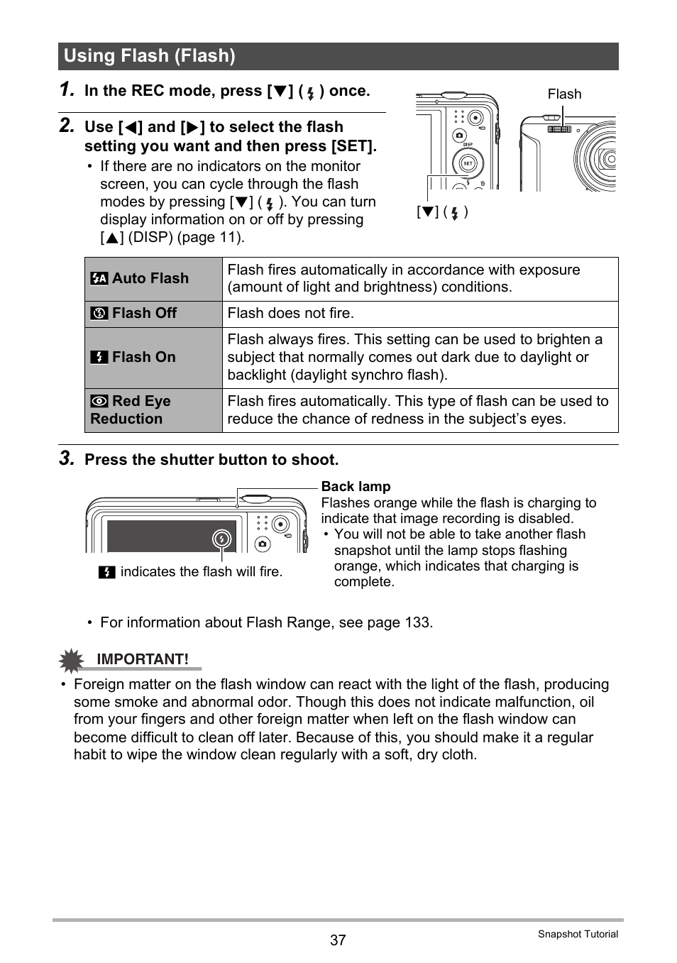 Using flash (flash) | Casio EXILIM EX-ZS150 User Manual | Page 37 / 136