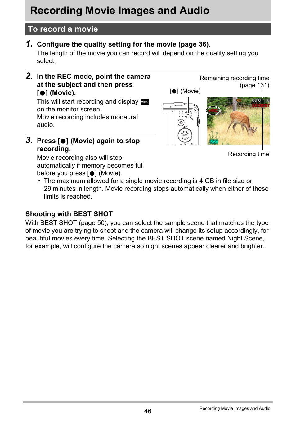 Recording movie images and audio, To record a movie, Ge 46 for | Casio EXILIM EX-ZS150 User Manual | Page 46 / 136