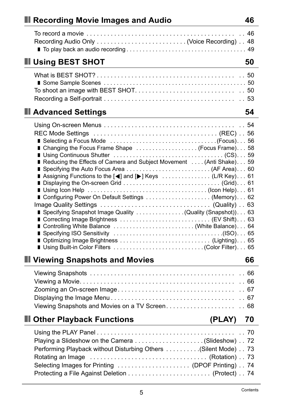 Recording movie images and audio 46, Using best shot 50, Advanced settings 54 | Viewing snapshots and movies 66, Other playback functions (play) 70 | Casio EXILIM EX-ZS150 User Manual | Page 5 / 136