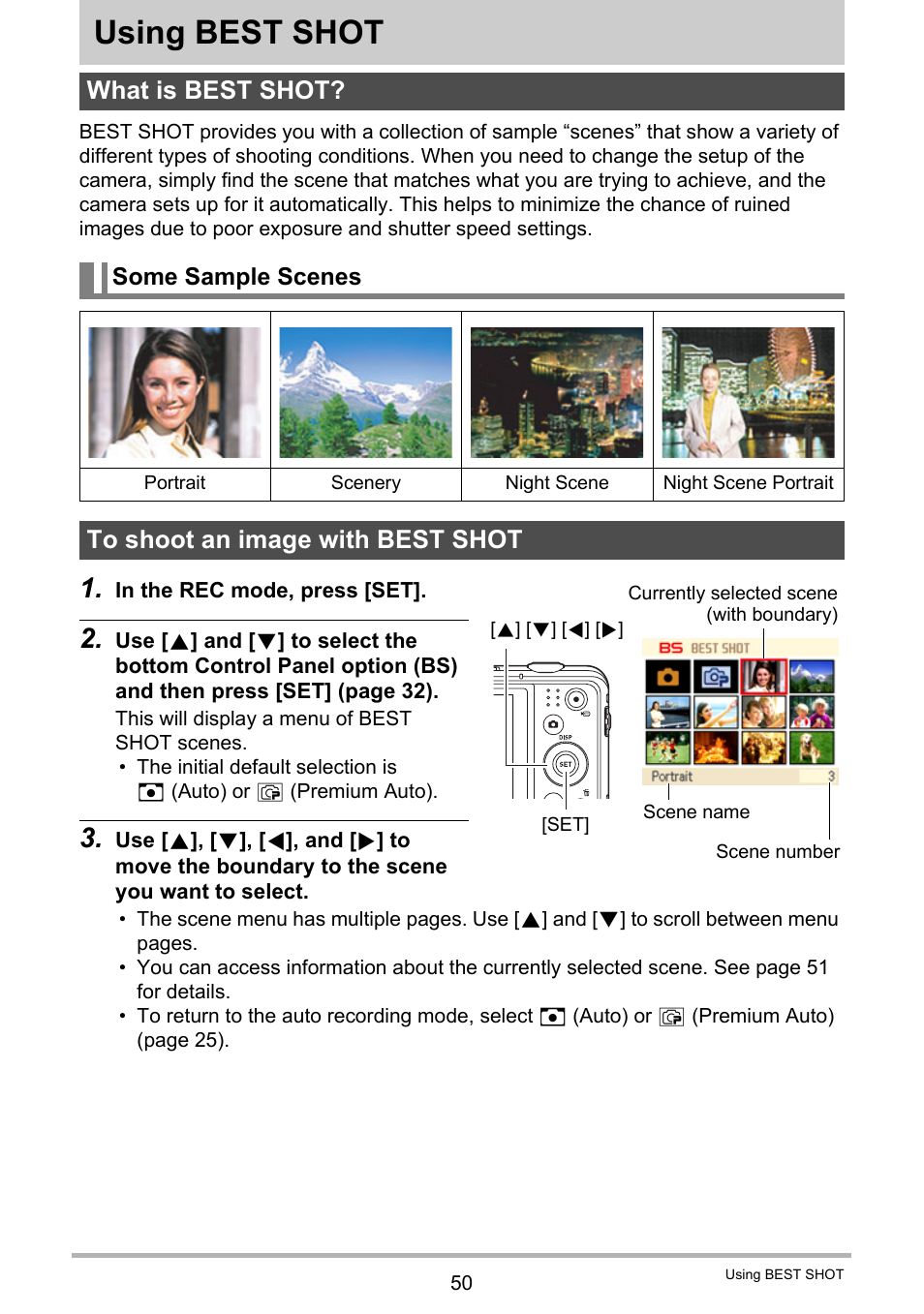 Using best shot, What is best shot, Some sample scenes | To shoot an image with best shot | Casio EXILIM EX-ZS150 User Manual | Page 50 / 136