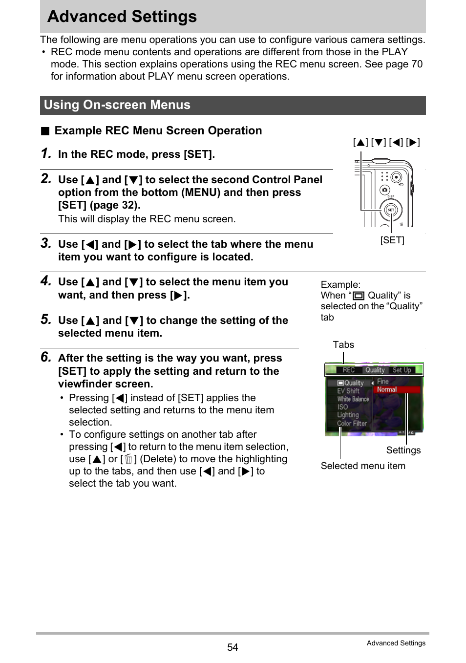 Advanced settings, Using on-screen menus | Casio EXILIM EX-ZS150 User Manual | Page 54 / 136