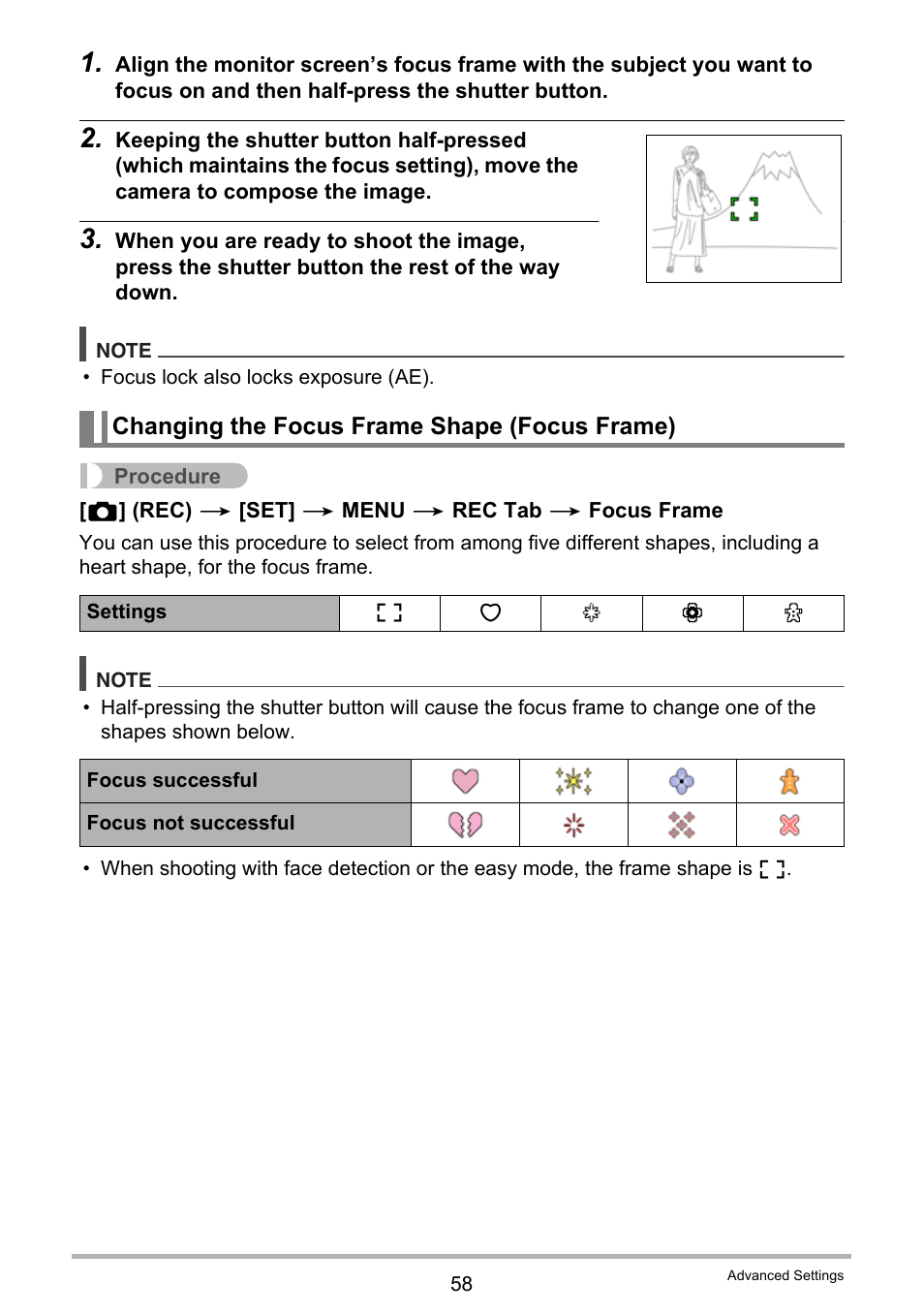 Changing the focus frame shape (focus frame) | Casio EXILIM EX-ZS150 User Manual | Page 58 / 136