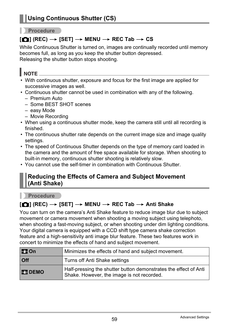 Using continuous shutter (cs) | Casio EXILIM EX-ZS150 User Manual | Page 59 / 136