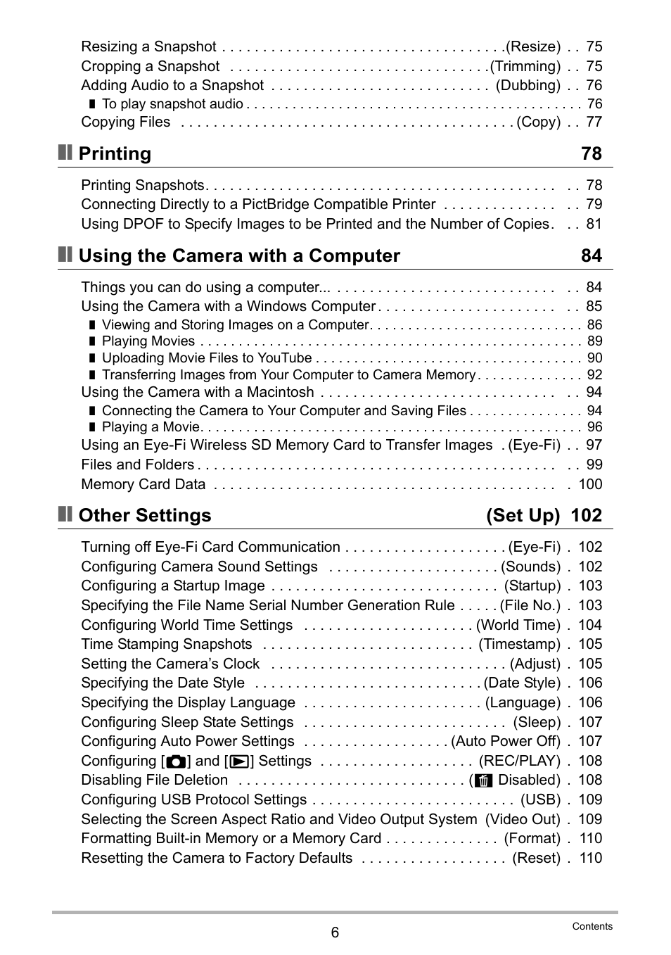 Printing 78, Using the camera with a computer 84, Other settings (set up) 102 | Casio EXILIM EX-ZS150 User Manual | Page 6 / 136