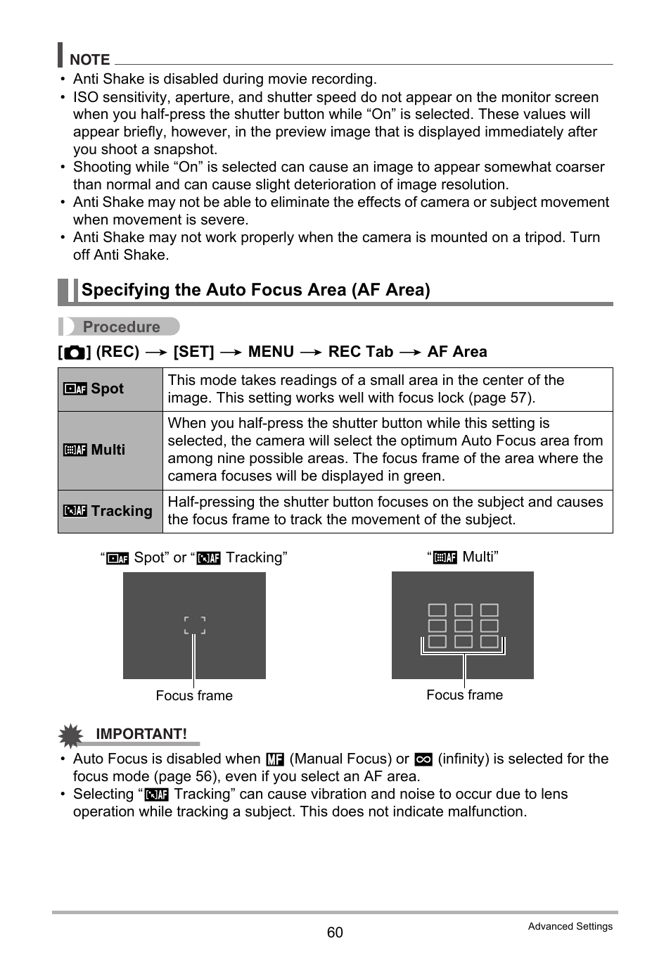 Specifying the auto focus area (af area) | Casio EXILIM EX-ZS150 User Manual | Page 60 / 136