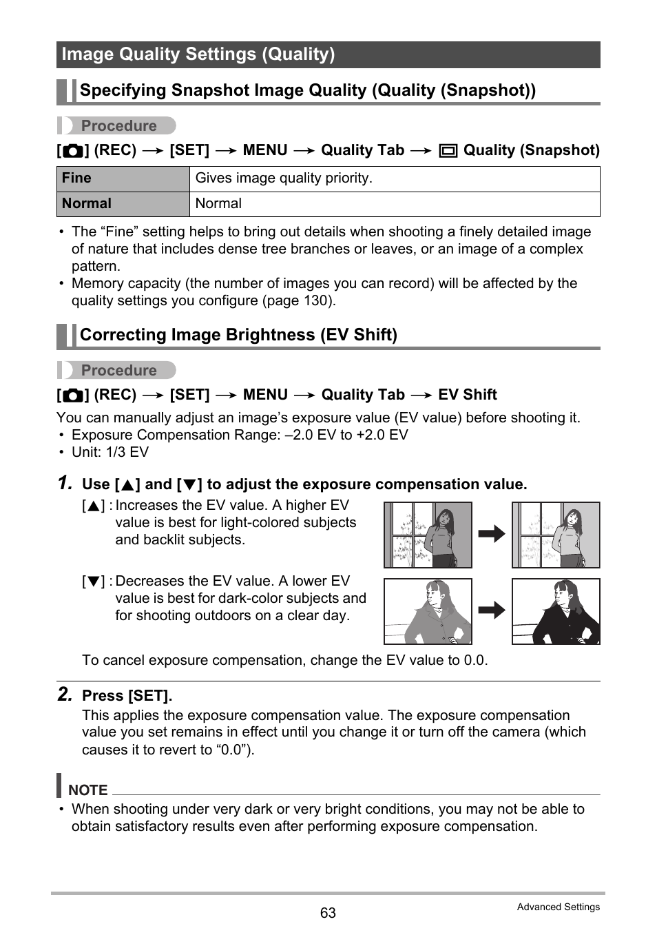 Image quality settings (quality), Correcting image brightness (ev shift) | Casio EXILIM EX-ZS150 User Manual | Page 63 / 136