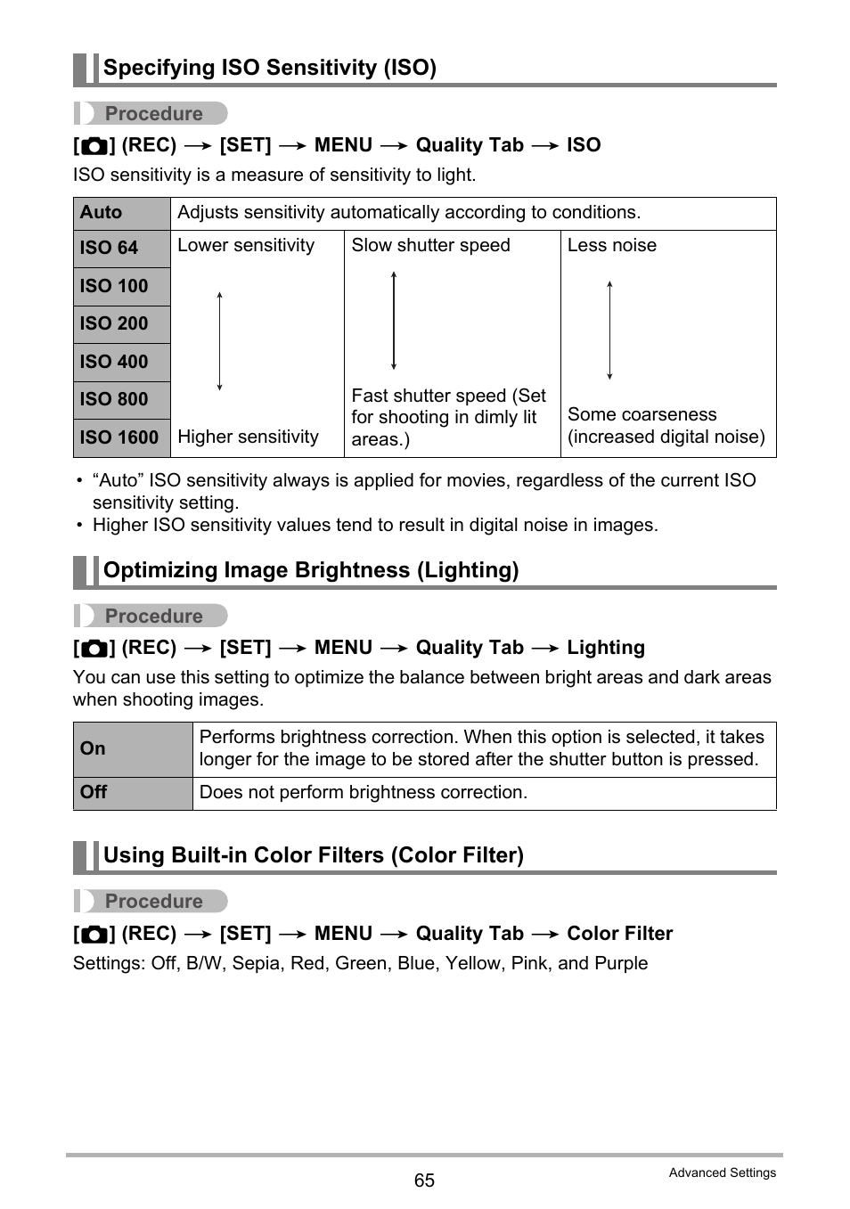 Specifying iso sensitivity (iso), Optimizing image brightness (lighting), Using built-in color filters (color filter) | Casio EXILIM EX-ZS150 User Manual | Page 65 / 136