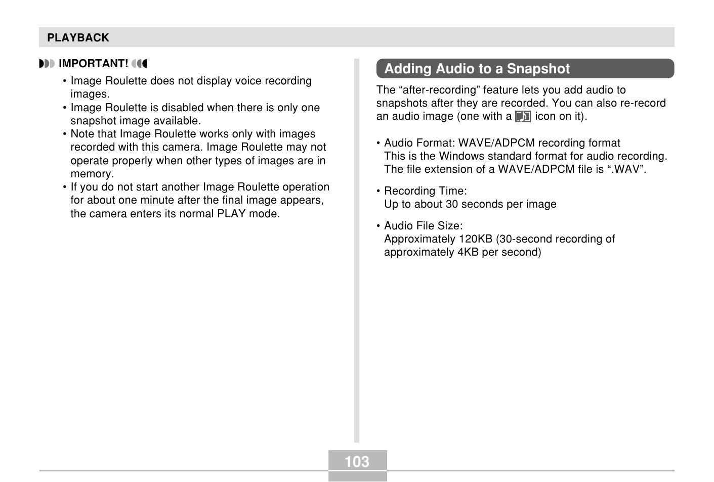 Adding audio to a snapshot | Casio E MULTI PJ CAMERA Multifunctional Camera System User Manual | Page 103 / 174