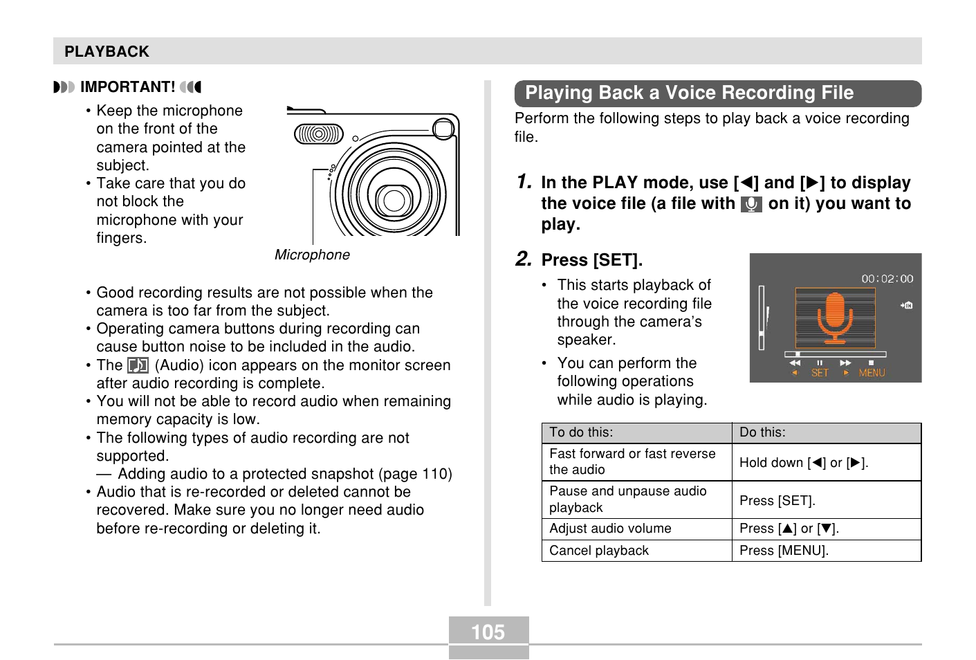 Playing back a voice recording file | Casio E MULTI PJ CAMERA Multifunctional Camera System User Manual | Page 105 / 174