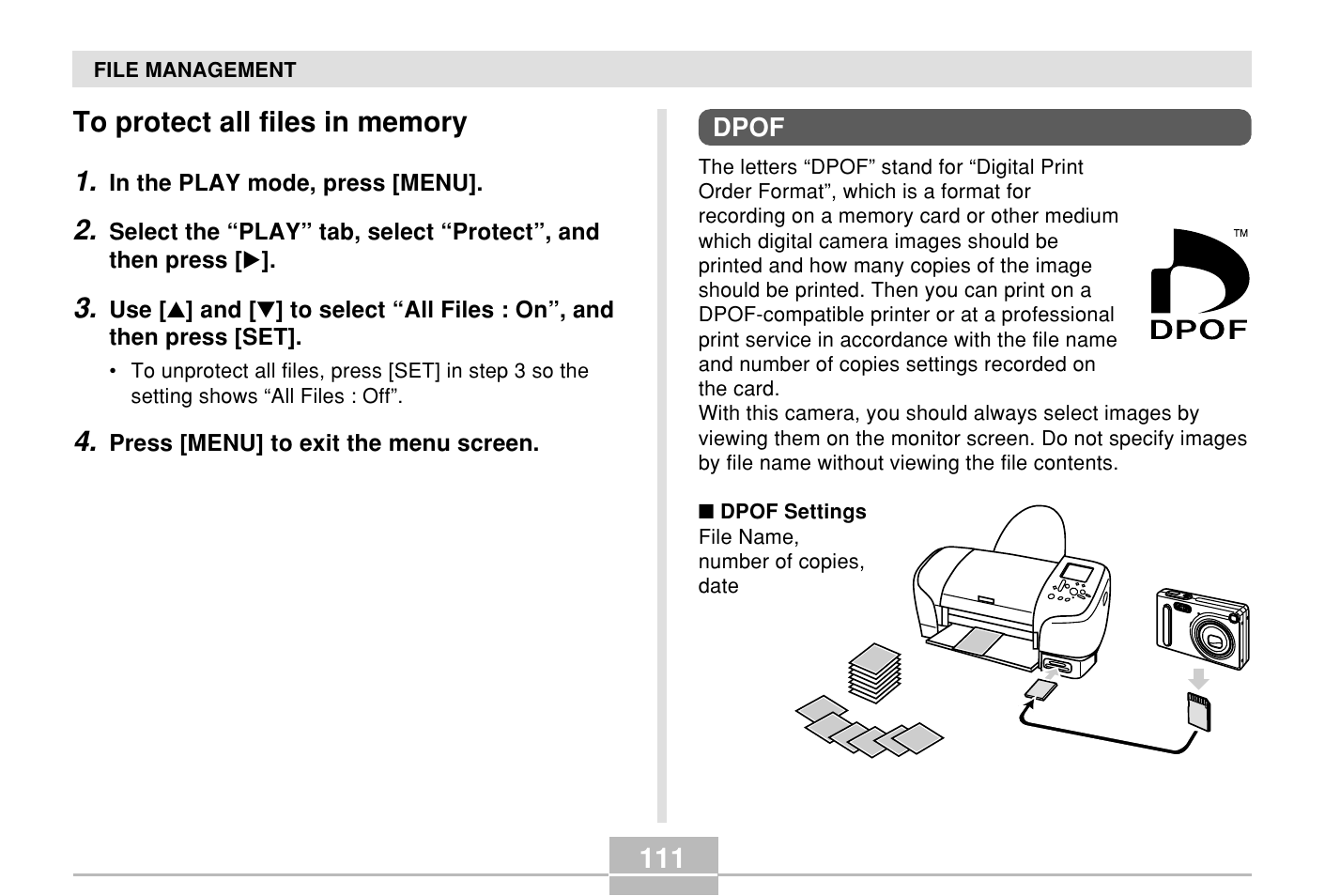 To protect all files in memory, Dpof | Casio E MULTI PJ CAMERA Multifunctional Camera System User Manual | Page 111 / 174