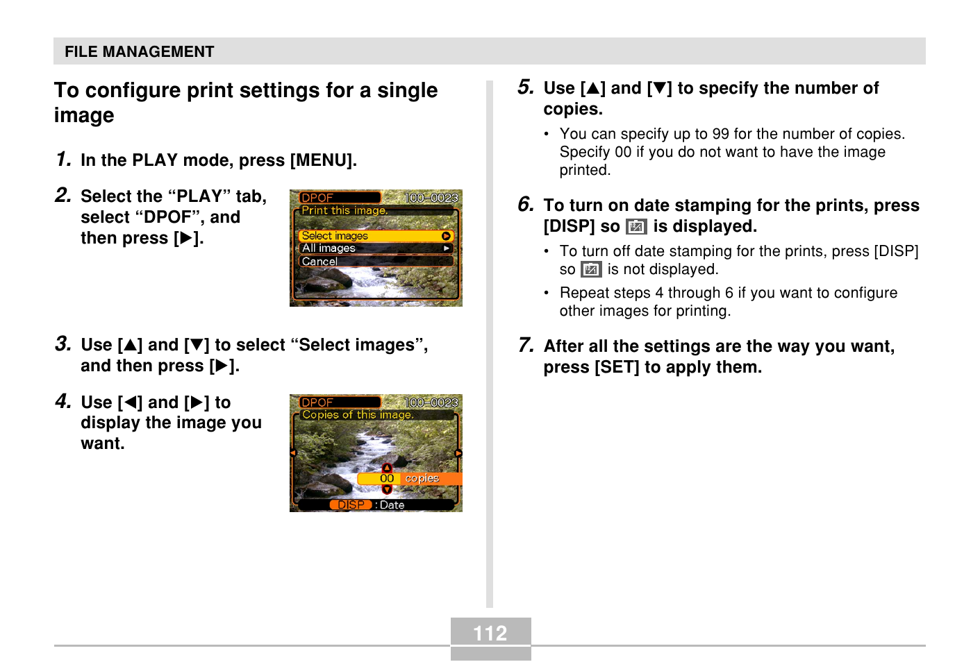 To configure print settings for a single image | Casio E MULTI PJ CAMERA Multifunctional Camera System User Manual | Page 112 / 174
