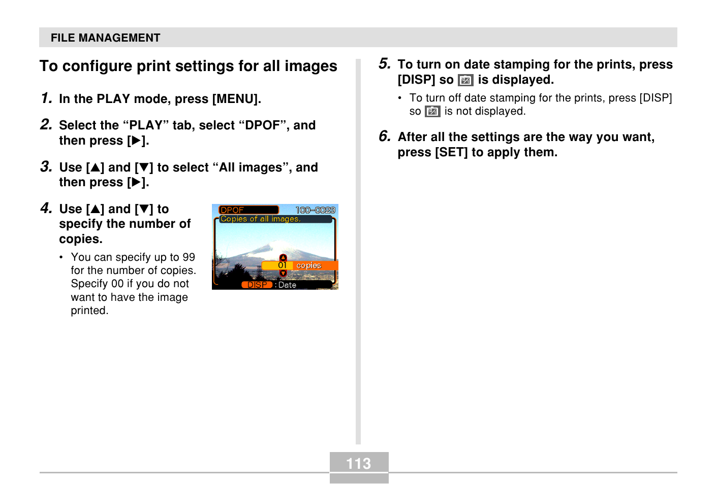 To configure print settings for all images, 113 to configure print settings for all images 1 | Casio E MULTI PJ CAMERA Multifunctional Camera System User Manual | Page 113 / 174