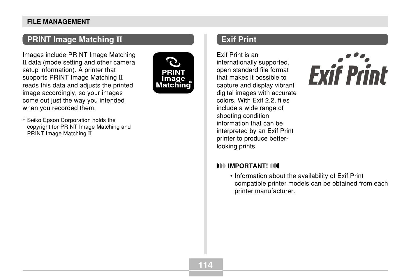 Print image matching ii, Exif print | Casio E MULTI PJ CAMERA Multifunctional Camera System User Manual | Page 114 / 174