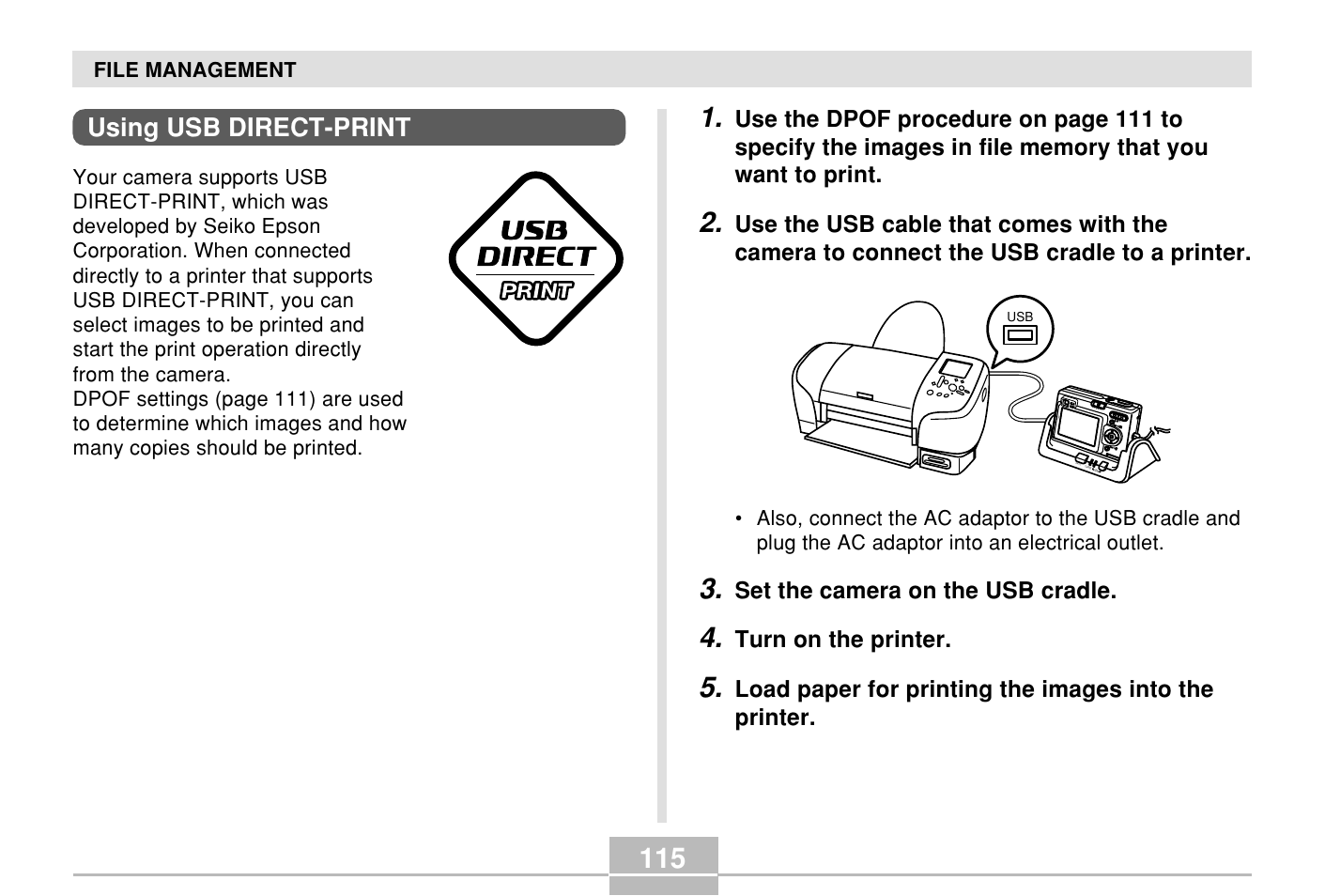 Using usb direct-print | Casio E MULTI PJ CAMERA Multifunctional Camera System User Manual | Page 115 / 174