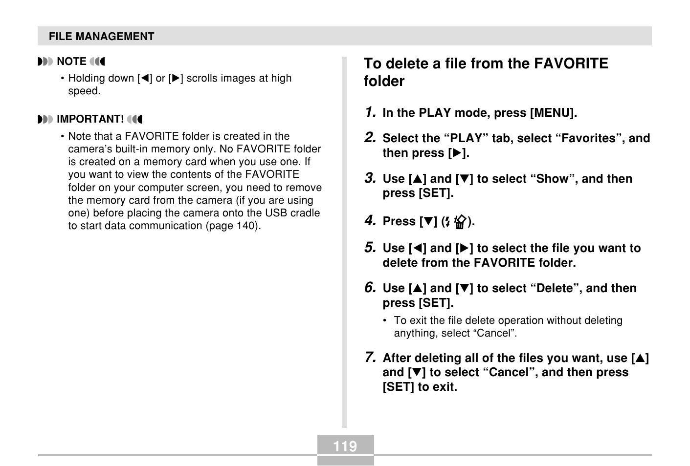 To delete a file from the favorite folder | Casio E MULTI PJ CAMERA Multifunctional Camera System User Manual | Page 119 / 174
