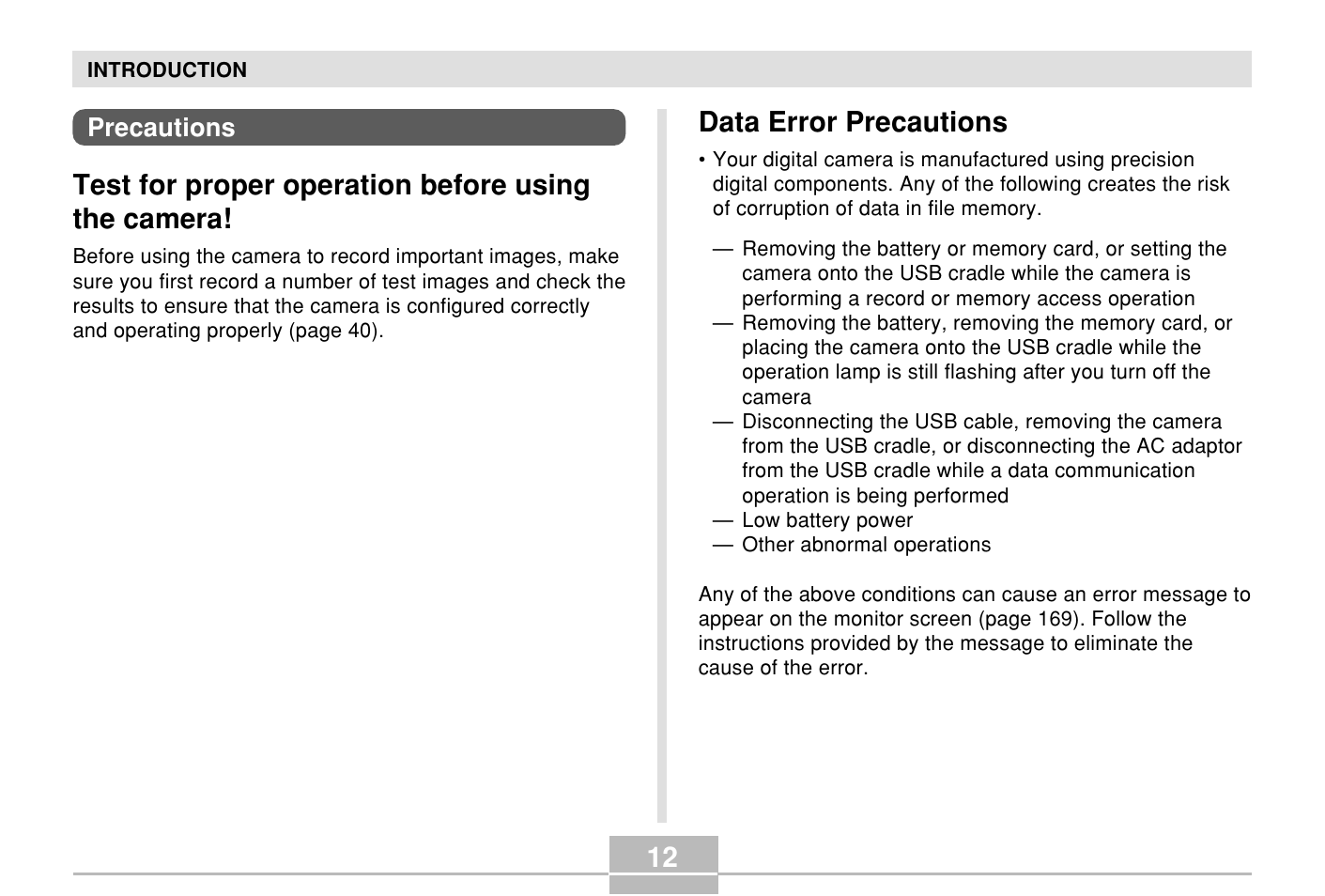 Precautions, Test for proper operation before using the camera, Data error precautions | Casio E MULTI PJ CAMERA Multifunctional Camera System User Manual | Page 12 / 174