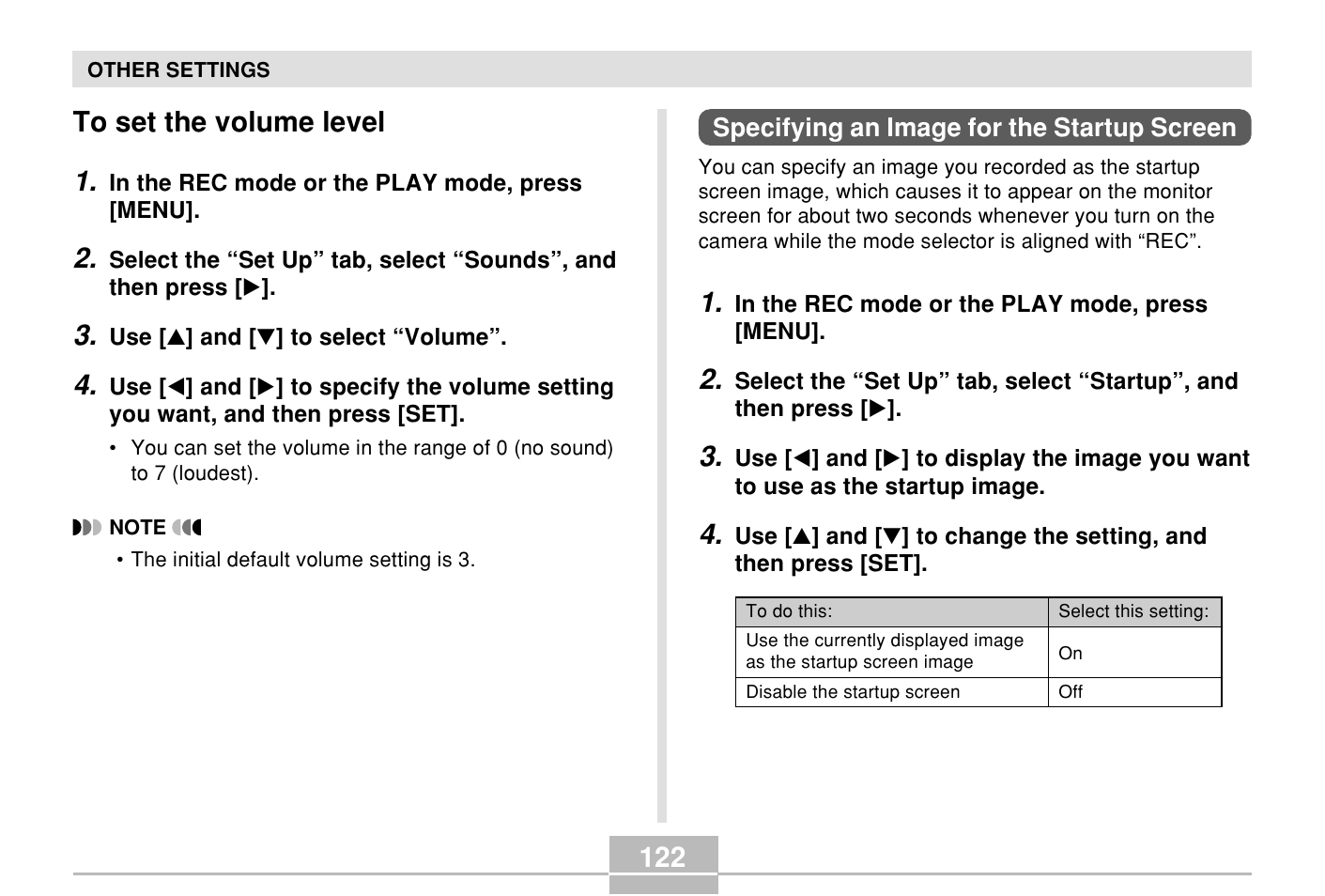 To set the volume level, Specifying an image for the startup screen, 122 to set the volume level 1 | Casio E MULTI PJ CAMERA Multifunctional Camera System User Manual | Page 122 / 174