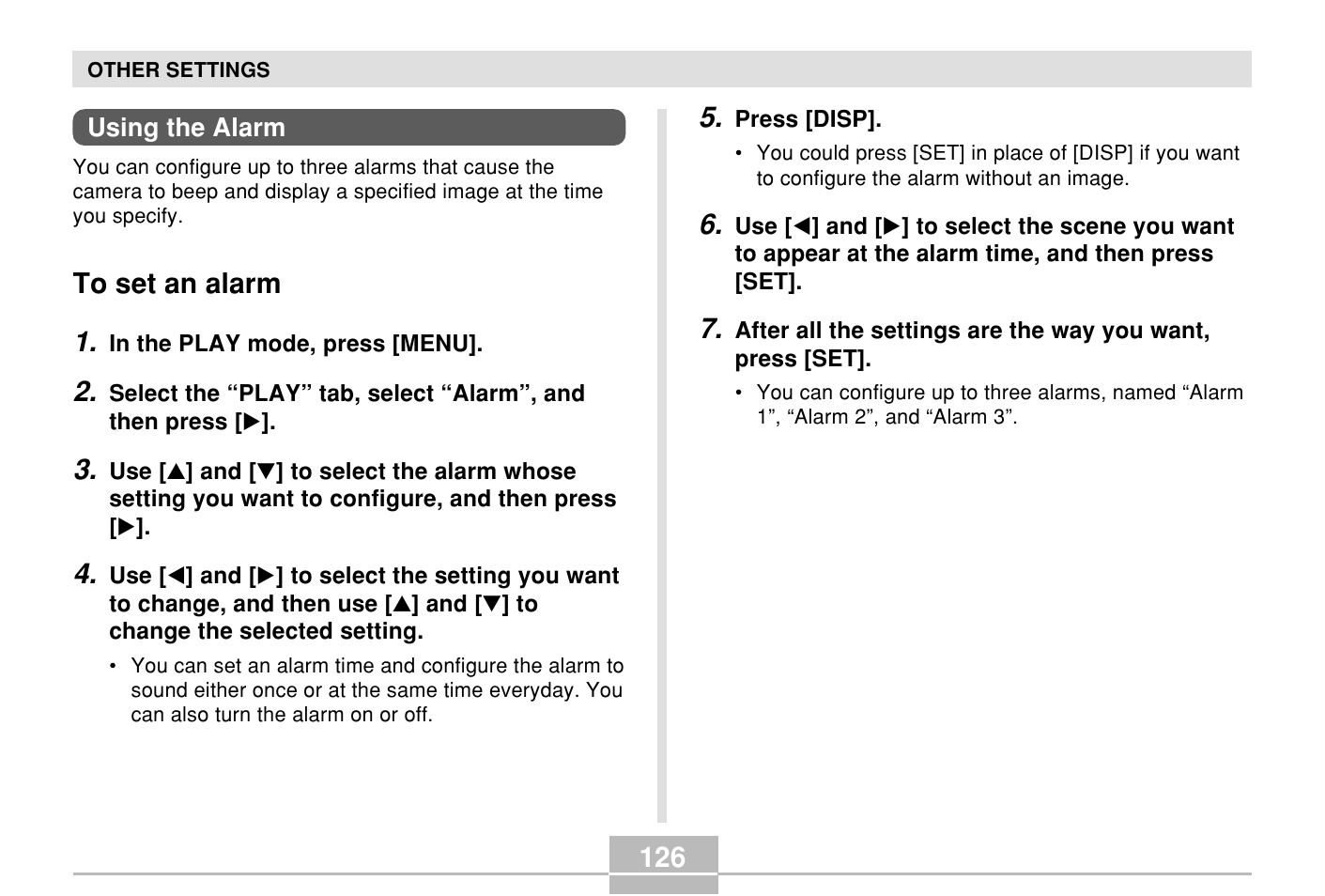 Using the alarm, To set an alarm | Casio E MULTI PJ CAMERA Multifunctional Camera System User Manual | Page 126 / 174