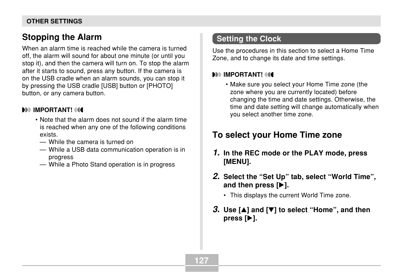 Stopping the alarm, Setting the clock, To select your home time zone | 127 stopping the alarm | Casio E MULTI PJ CAMERA Multifunctional Camera System User Manual | Page 127 / 174