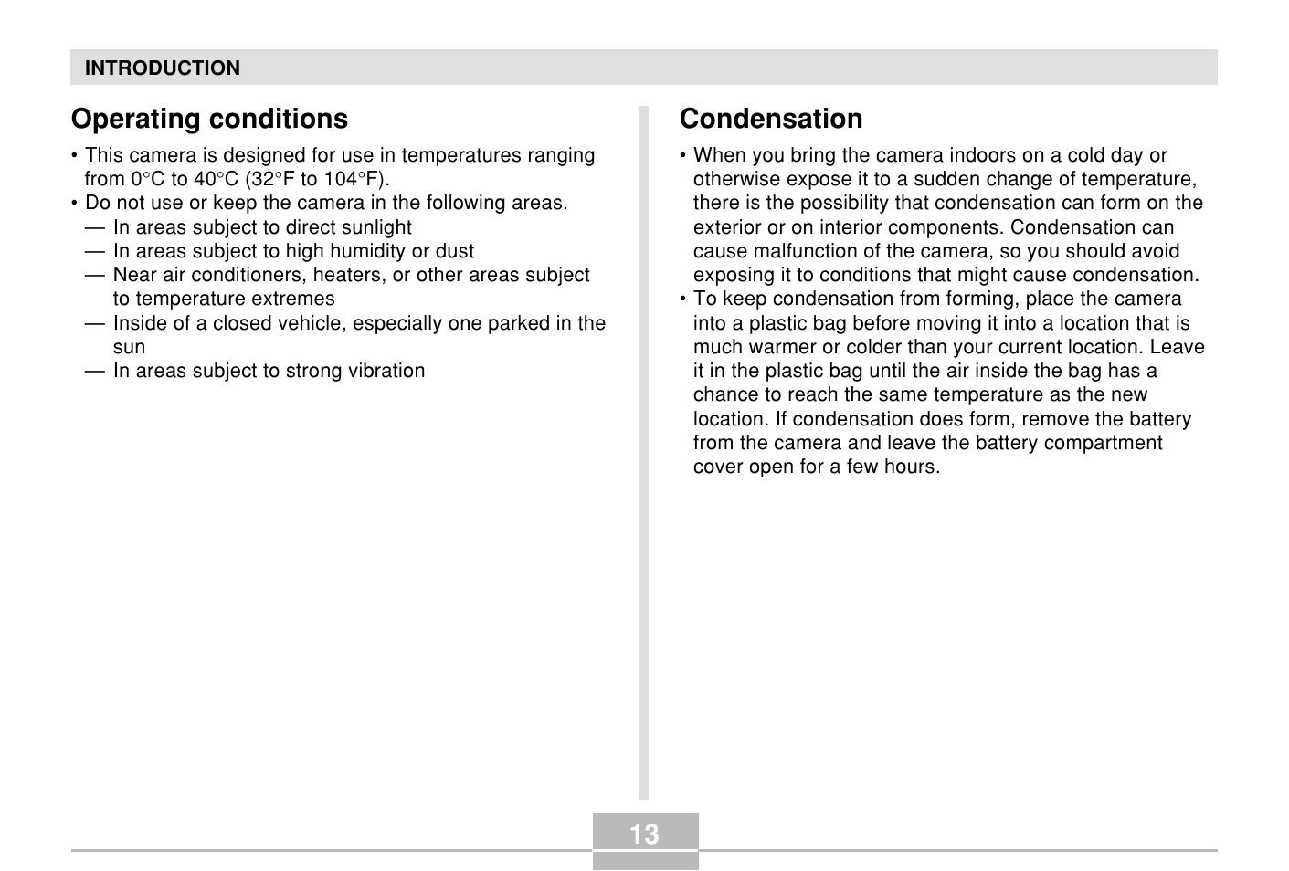 Operating conditions, Condensation, 13 condensation | Casio E MULTI PJ CAMERA Multifunctional Camera System User Manual | Page 13 / 174