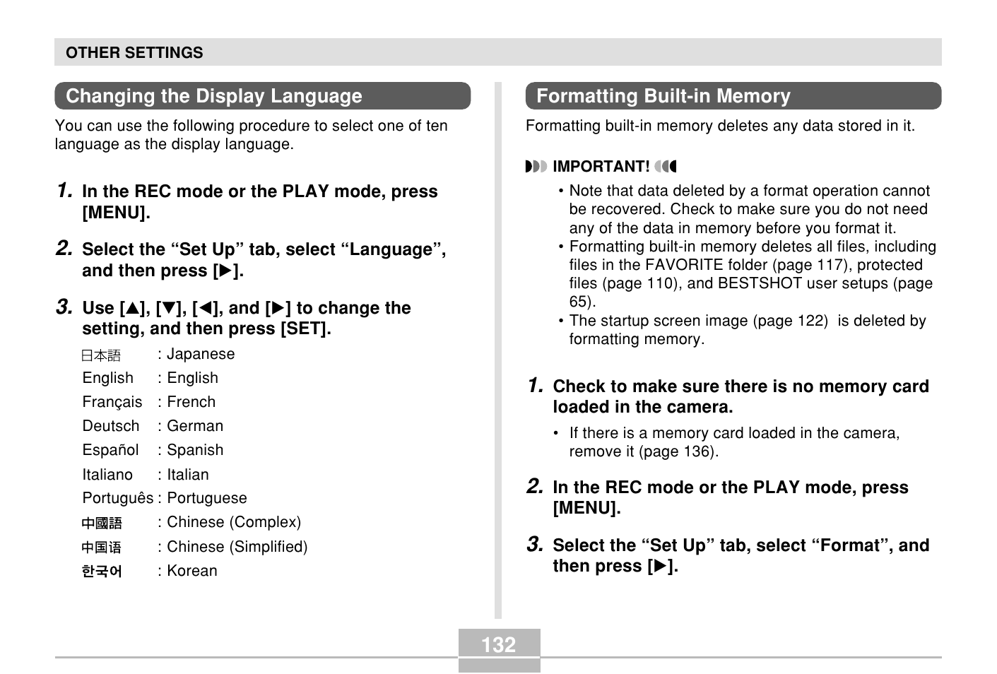 Changing the display language, Formatting built-in memory | Casio E MULTI PJ CAMERA Multifunctional Camera System User Manual | Page 132 / 174