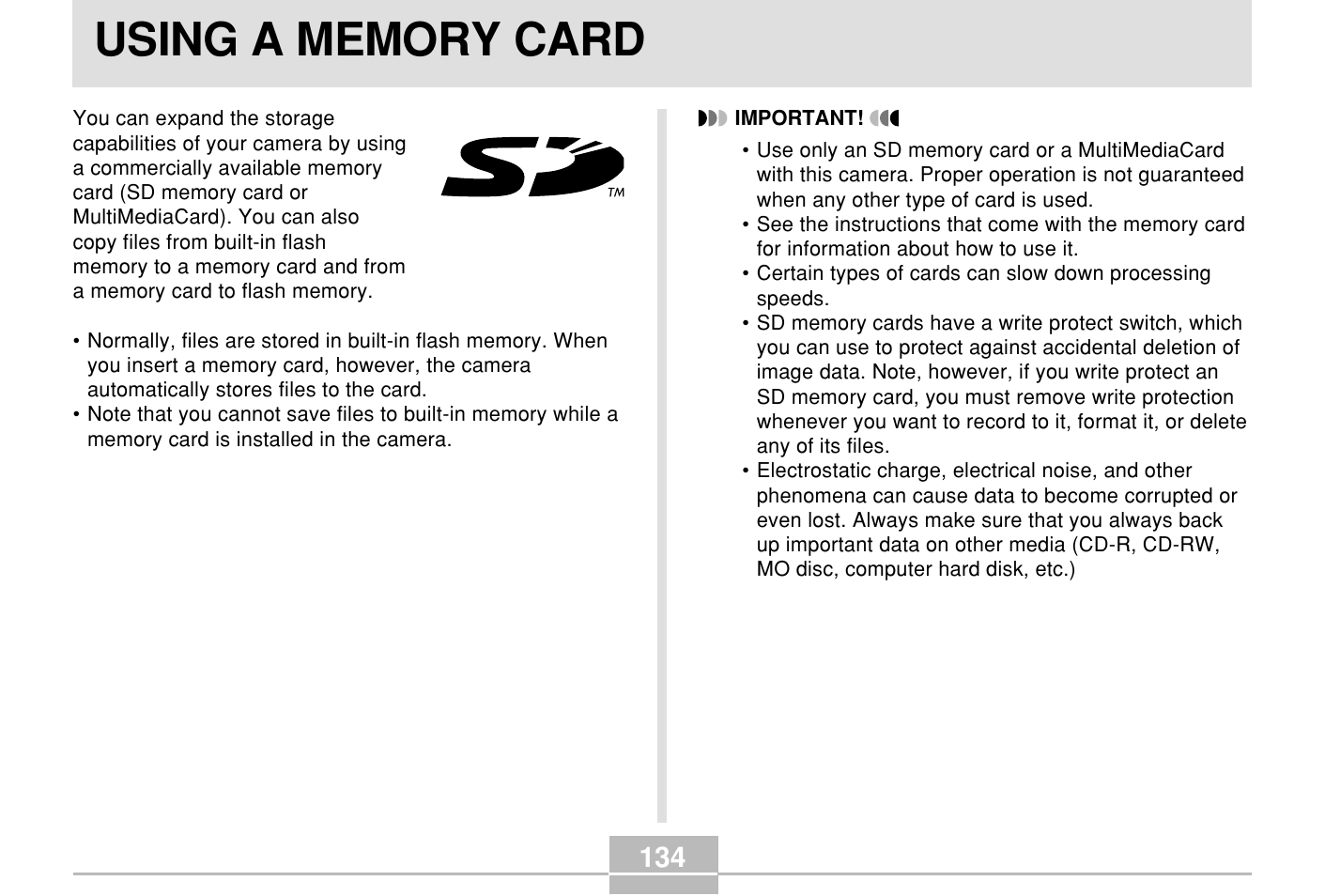 Using a memory card | Casio E MULTI PJ CAMERA Multifunctional Camera System User Manual | Page 134 / 174