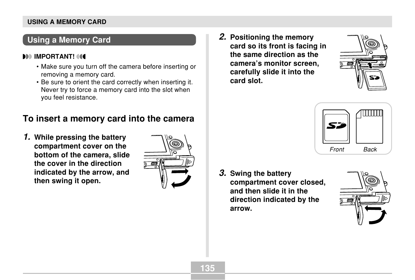 Using a memory card, To insert a memory card into the camera | Casio E MULTI PJ CAMERA Multifunctional Camera System User Manual | Page 135 / 174