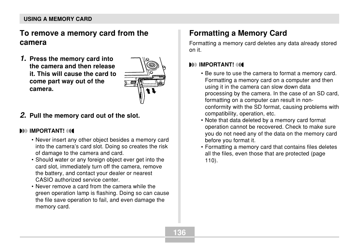 To remove a memory card from the camera, Formatting a memory card | Casio E MULTI PJ CAMERA Multifunctional Camera System User Manual | Page 136 / 174