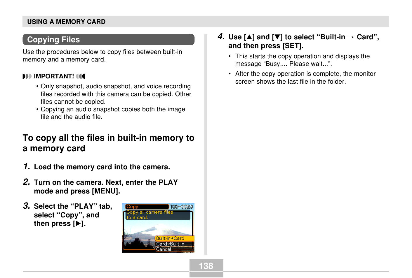 Copying files, To copy all the files in built-in memory to, A memory card | Casio E MULTI PJ CAMERA Multifunctional Camera System User Manual | Page 138 / 174