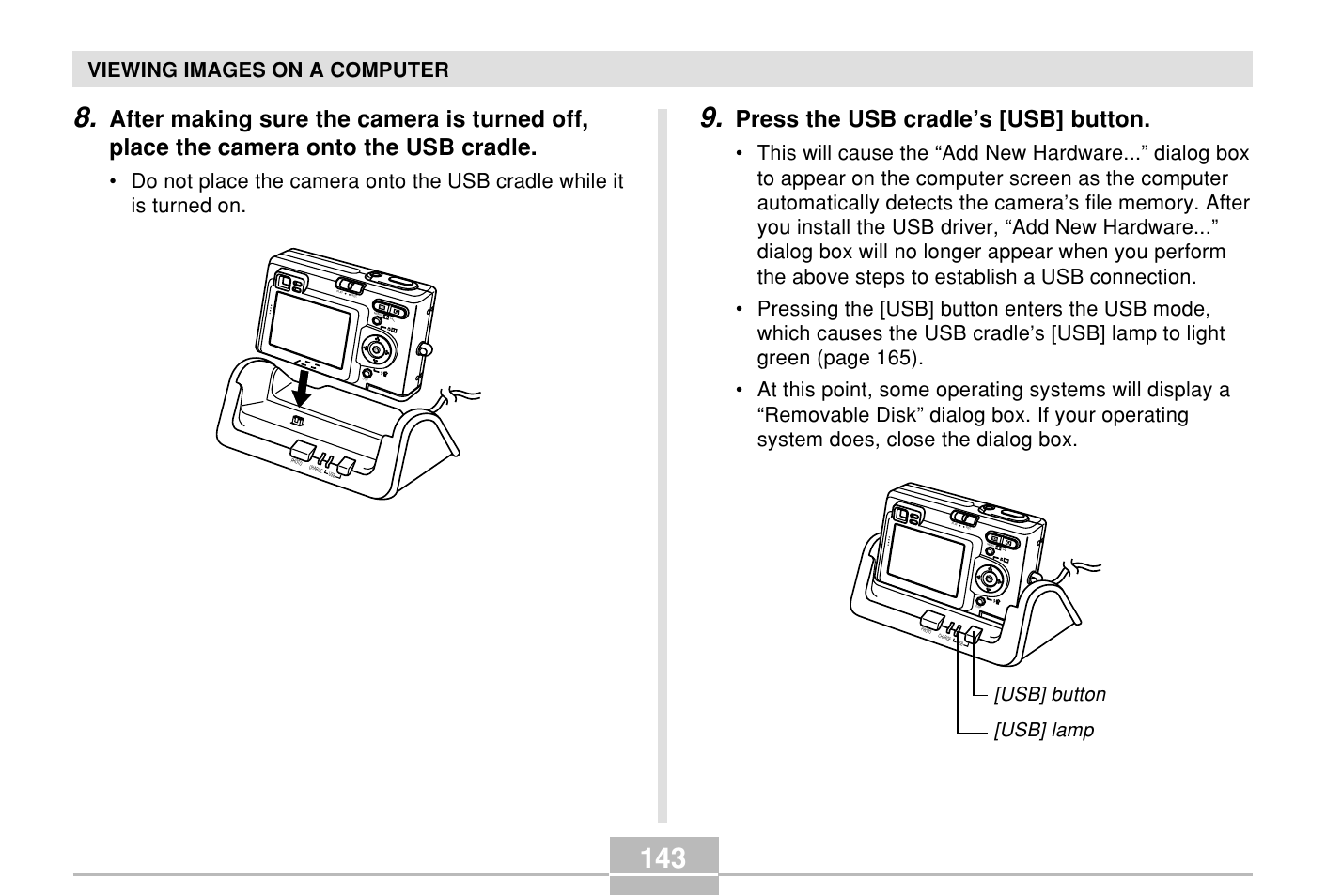 Press the usb cradle’s [usb] button, Viewing images on a computer, Usb] button [usb] lamp | Casio E MULTI PJ CAMERA Multifunctional Camera System User Manual | Page 143 / 174