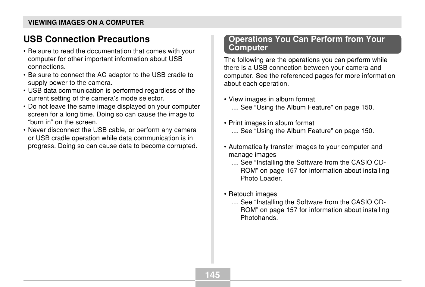 Usb connection precautions, Operations you can perform from your computer | Casio E MULTI PJ CAMERA Multifunctional Camera System User Manual | Page 145 / 174