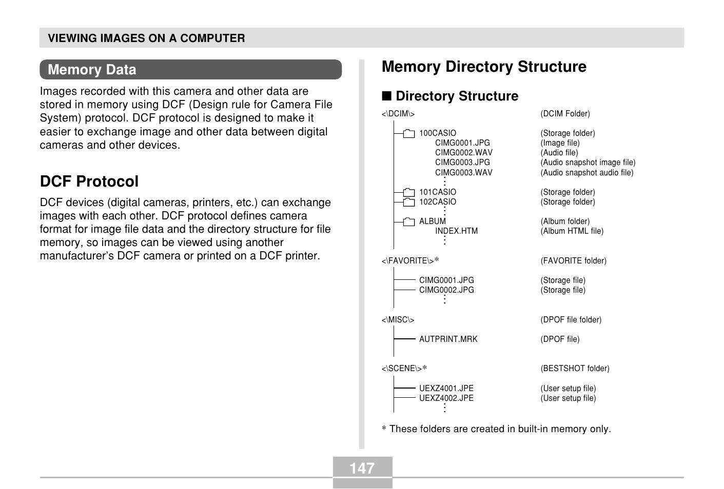 Memory data, Dcf protocol, Memory directory structure | Directory structure | Casio E MULTI PJ CAMERA Multifunctional Camera System User Manual | Page 147 / 174