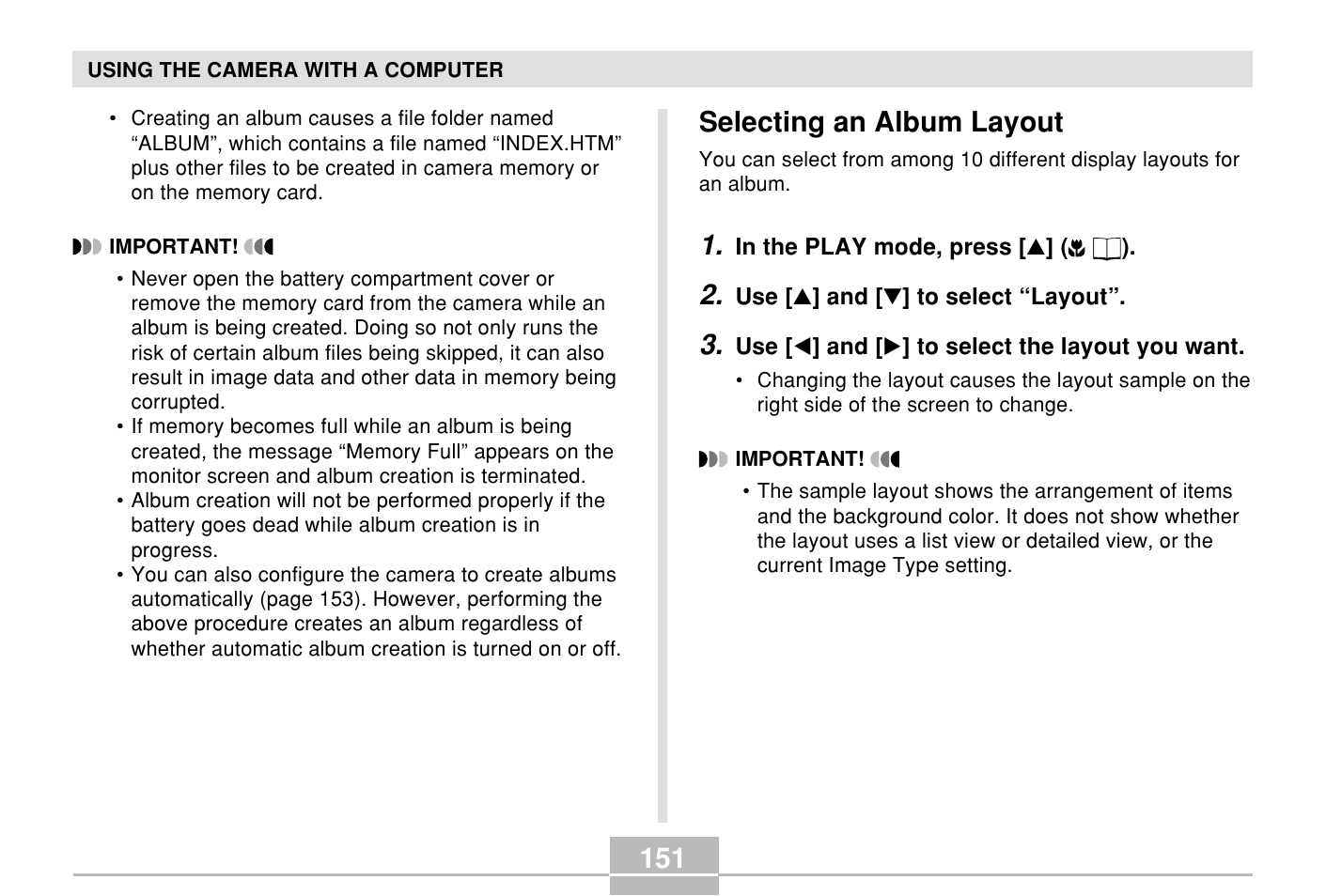 Selecting an album layout | Casio E MULTI PJ CAMERA Multifunctional Camera System User Manual | Page 151 / 174