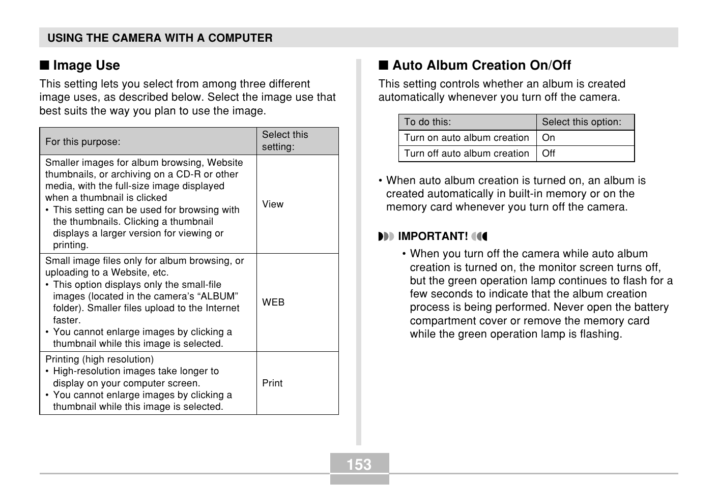 Auto album creation on/off, Image use | Casio E MULTI PJ CAMERA Multifunctional Camera System User Manual | Page 153 / 174