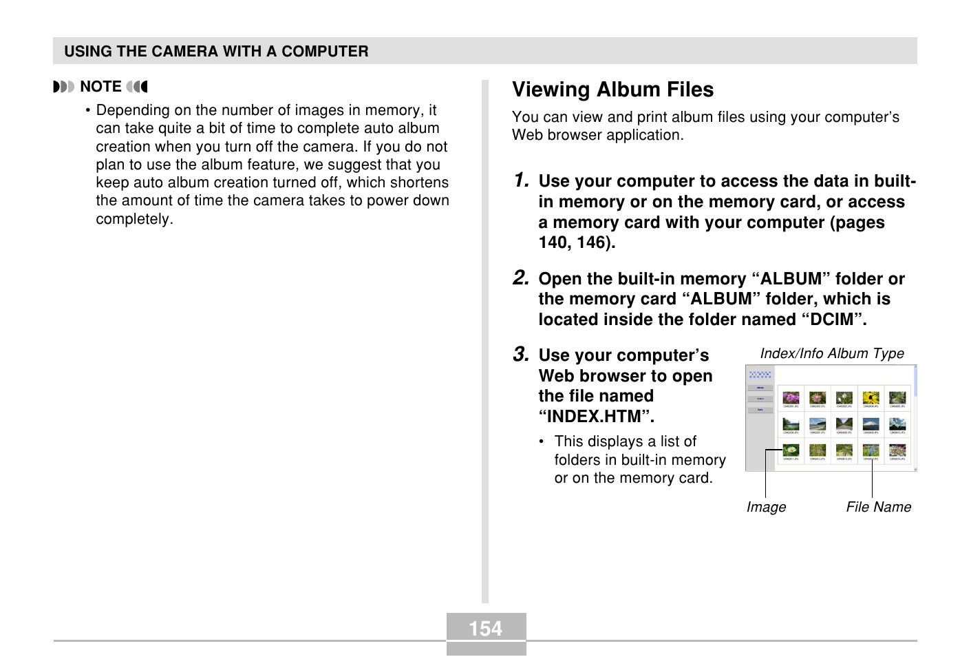Viewing album files, 154 viewing album files | Casio E MULTI PJ CAMERA Multifunctional Camera System User Manual | Page 154 / 174