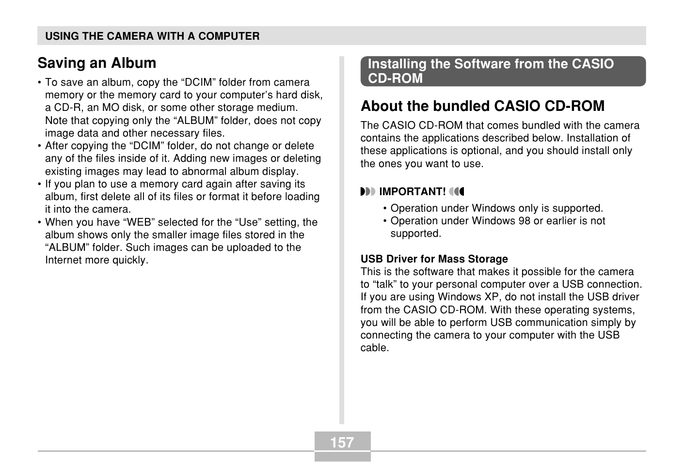 Saving an album, Installing the software from the casio cd-rom, About the bundled casio cd-rom | 157 saving an album | Casio E MULTI PJ CAMERA Multifunctional Camera System User Manual | Page 157 / 174