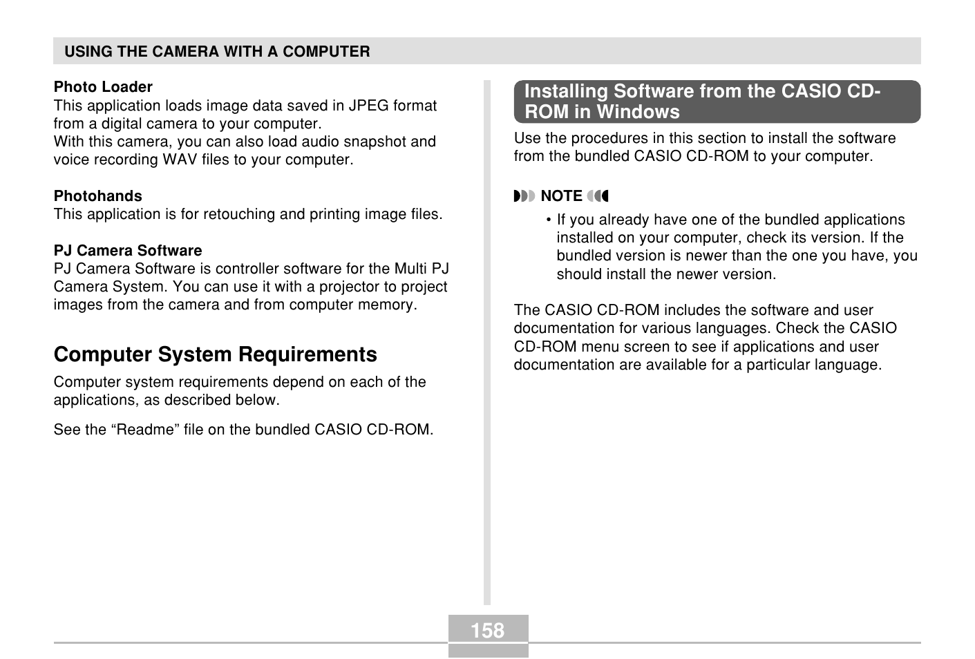 Computer system requirements | Casio E MULTI PJ CAMERA Multifunctional Camera System User Manual | Page 158 / 174