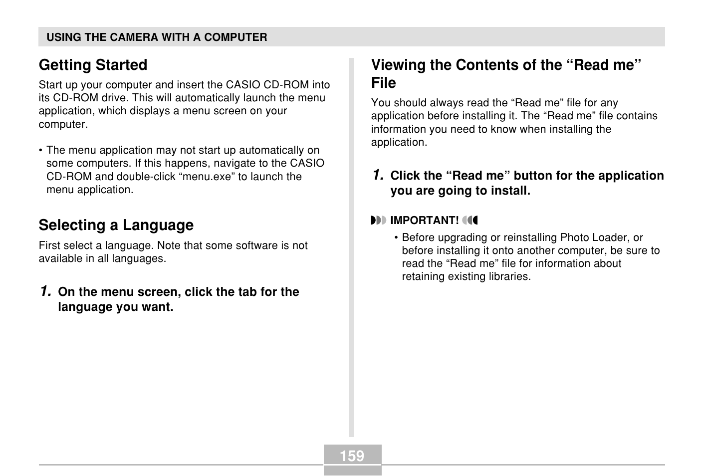 Getting started, Selecting a language, Viewing the contents of the “read me” file | 159 getting started | Casio E MULTI PJ CAMERA Multifunctional Camera System User Manual | Page 159 / 174