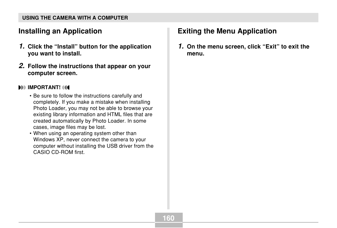 Installing an application, Exiting the menu application | Casio E MULTI PJ CAMERA Multifunctional Camera System User Manual | Page 160 / 174